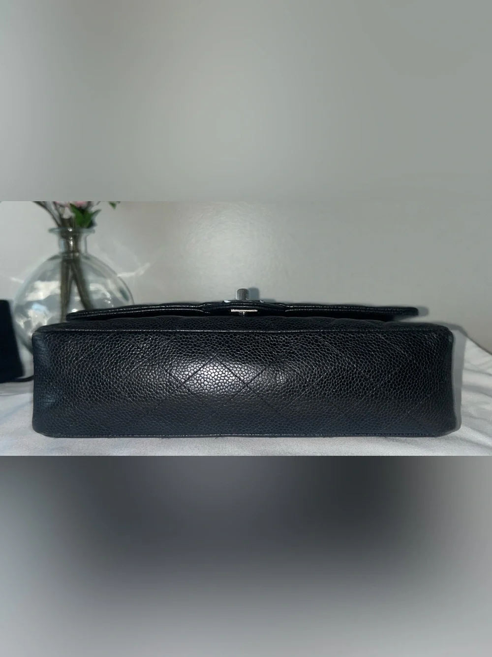 CHANEL Medium Classic Double Flap Caviar Leather Quilted Handbag Black